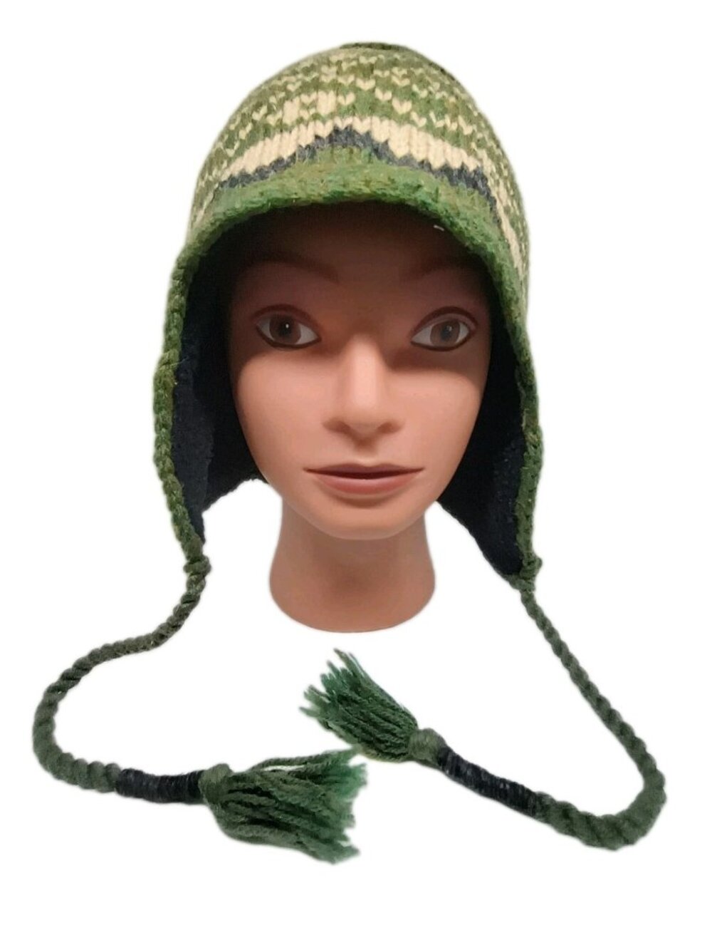 DPC Dorfman Pacific Co Green Wool Blend Knit Earflap Hat with Braided Tassels